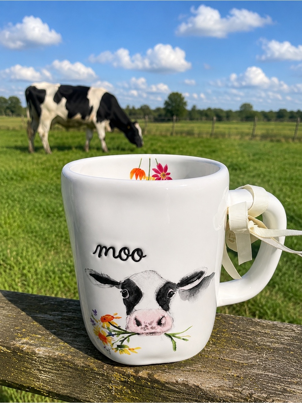 Rae Dunn White Ceramic 'Moo' Cow Mug with Floral Accents